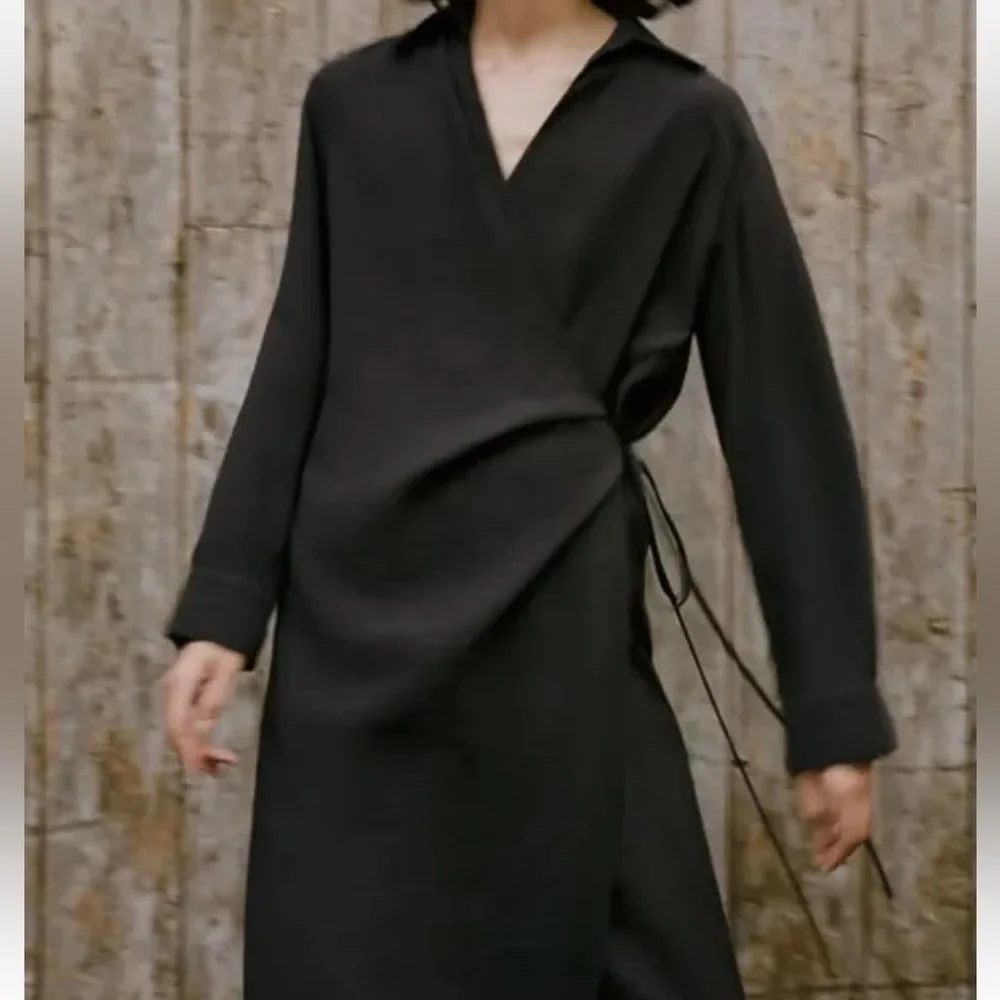 Zara NEW long sleeve Gray Wrap Dress - Picture 2 of 5